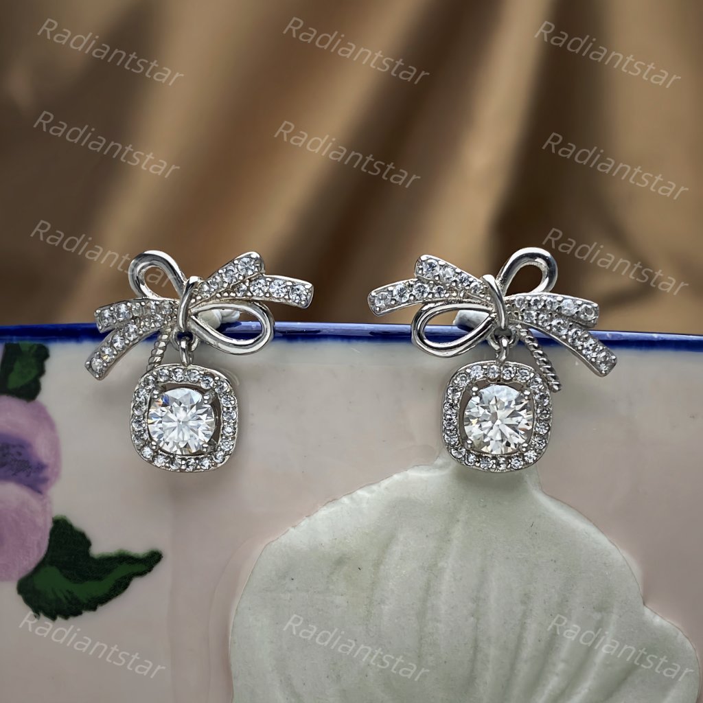 New Certified 1ct. T.W. Moissanite Halo Bow Knot Earrings